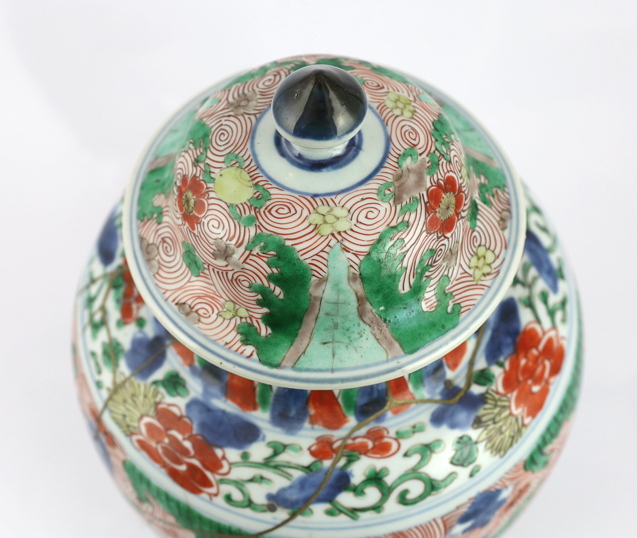 A Chinese wucai ovoid vase and cover, Transitional, Shunzhi period, broken with kintsugi style repair